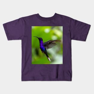 Purple Hummingbird Flying in Greenery Kids T-Shirt